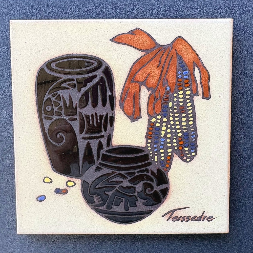 Cleo Teissedre Signed Ceramic Tile Southwestern Pottery Indian Corn‎ Italy